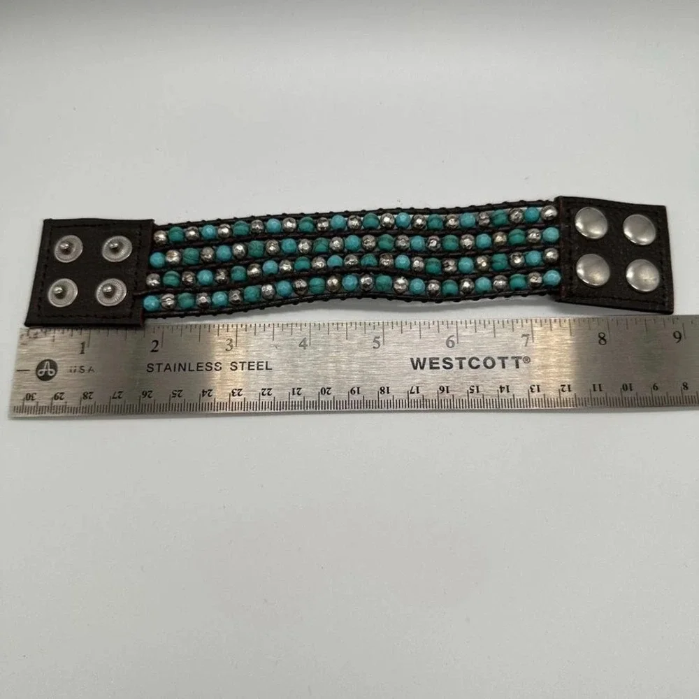 Fik Yung Boho Turquoise‎ Silver Tone Beaded Wrap Bracelet Brown Leather Snap